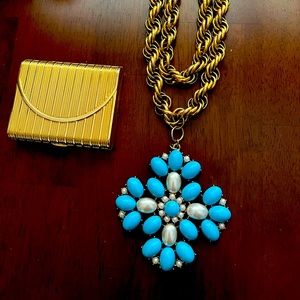 NECKLACE~Persian turquoise and Pearl Gold Cross with Double Gold chain. Estate